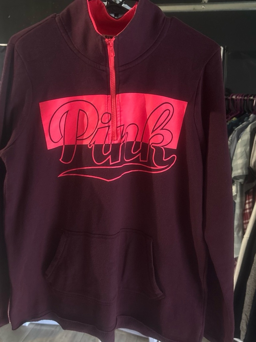 Victoria's Secret Pink Maroon and Neon Pink Half-Zip Sweatshirt